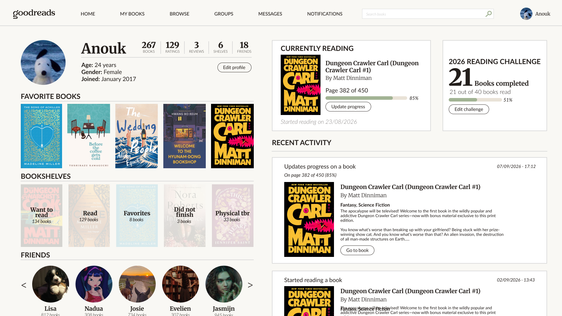 Redesigned Goodreads profile page