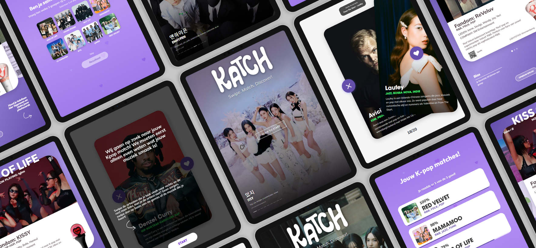 Katch iPad app screens showing the swipe and match experience
